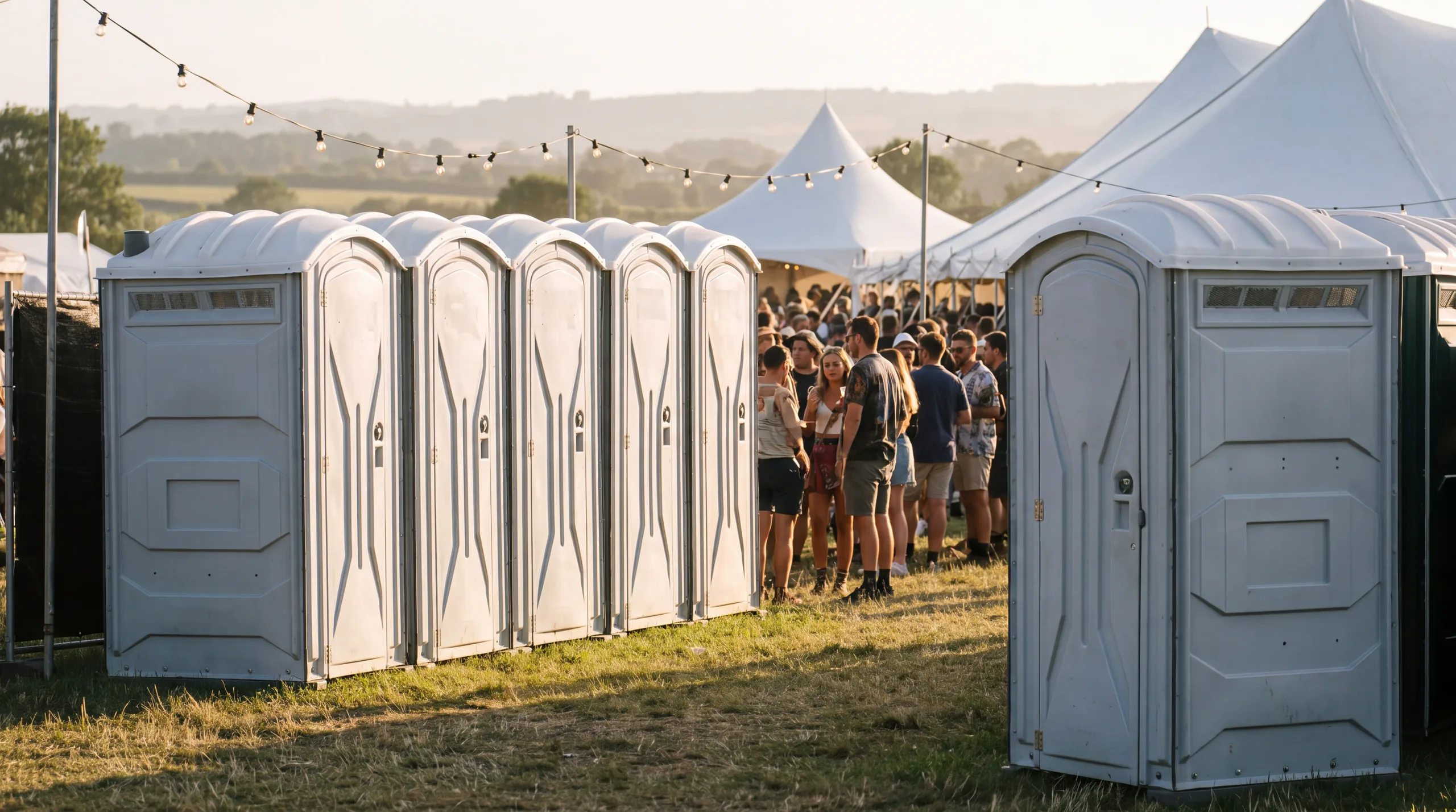 A row of portable toilets set up at the edge of an outdoor summer event