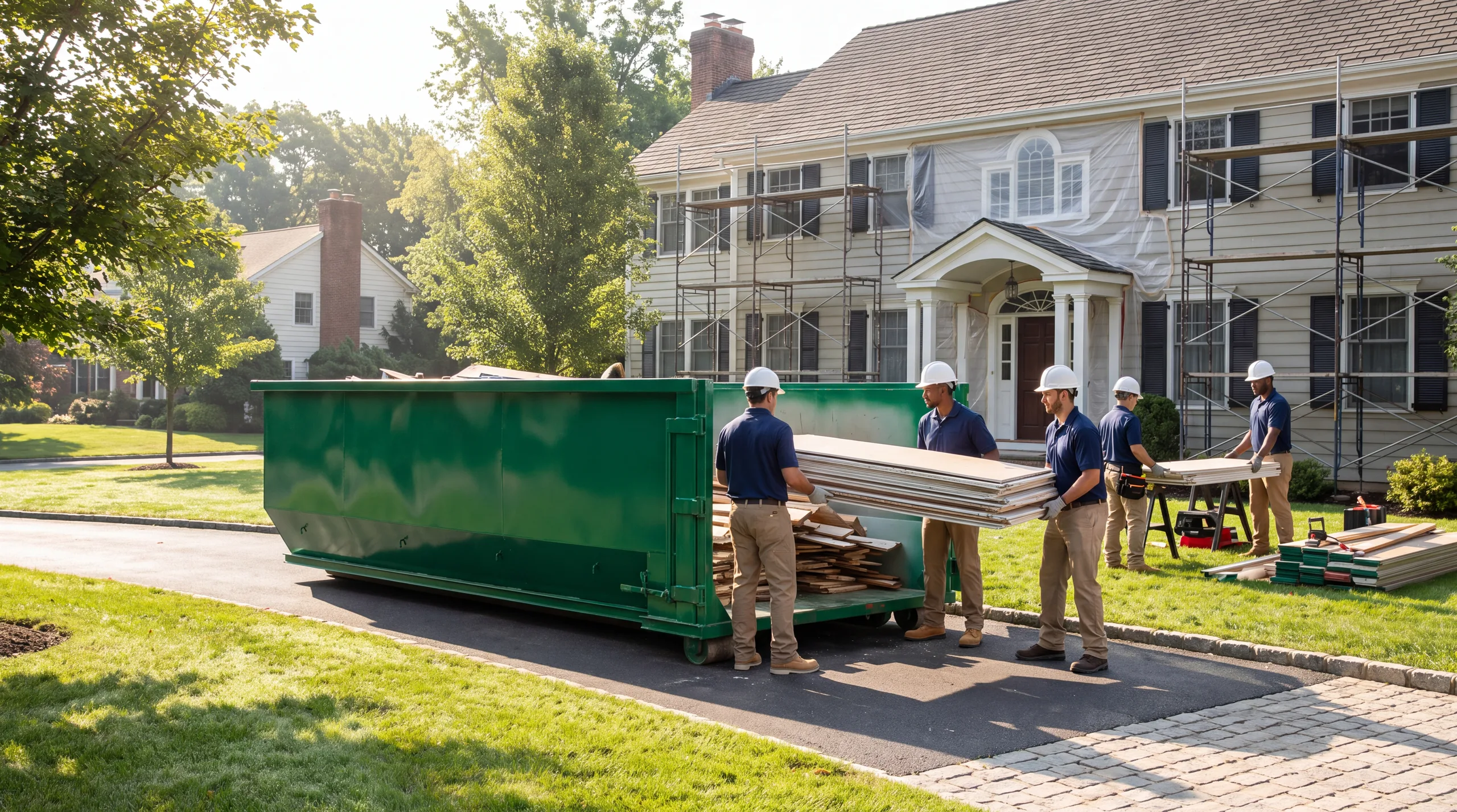 A renovation crew loading old drywall and wood into a green roll off dumpster