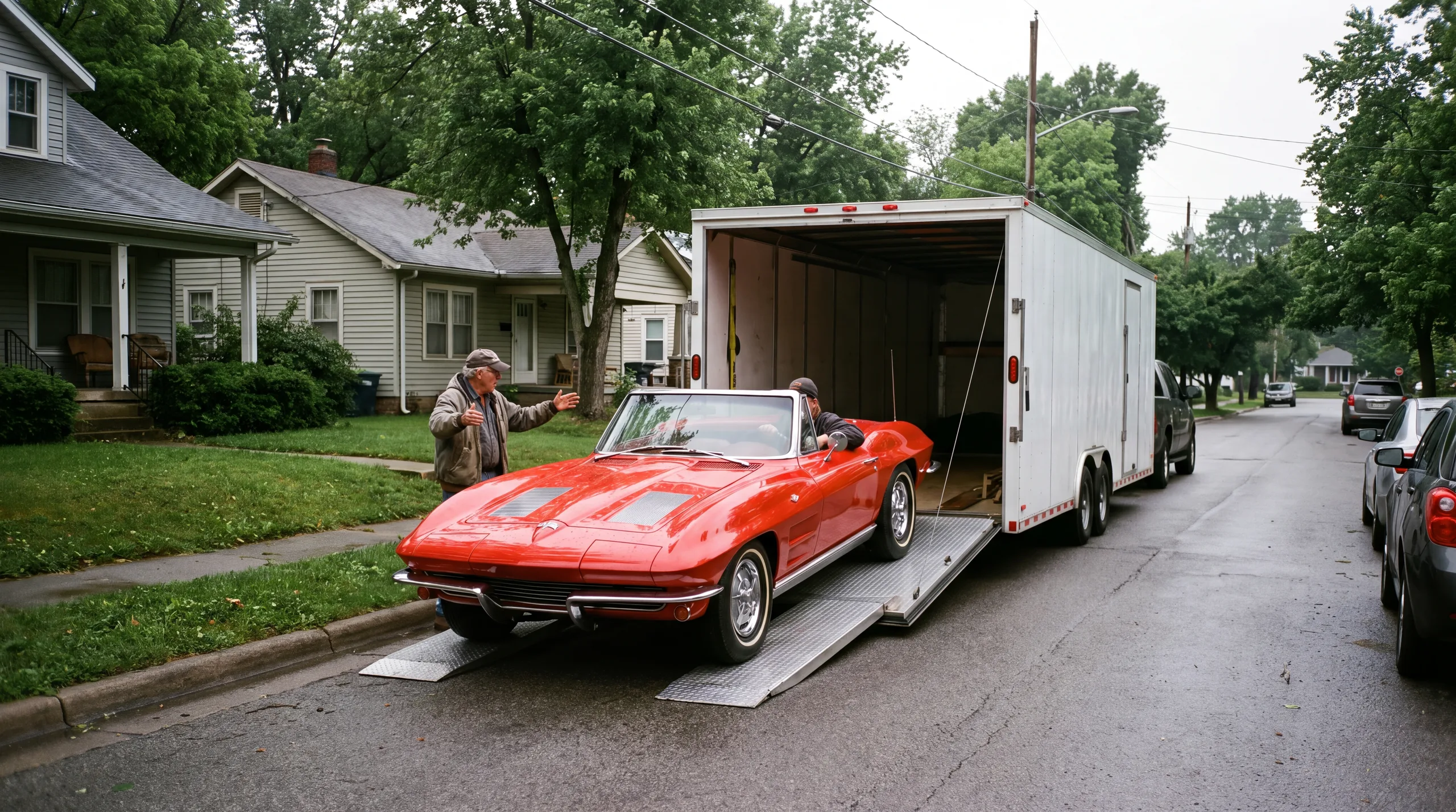 A classic red convertible being driven into an enclosed car transport trailer